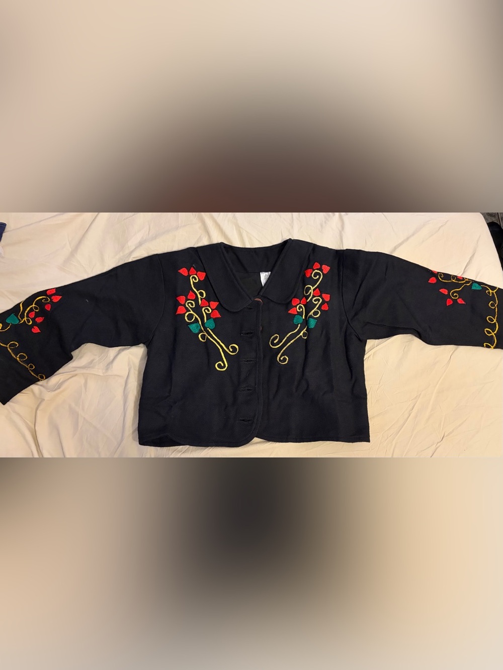 Vintage Nepal Hand Loomed Cotton Embroidered Crop Jacket Flawed Boho Shrug S